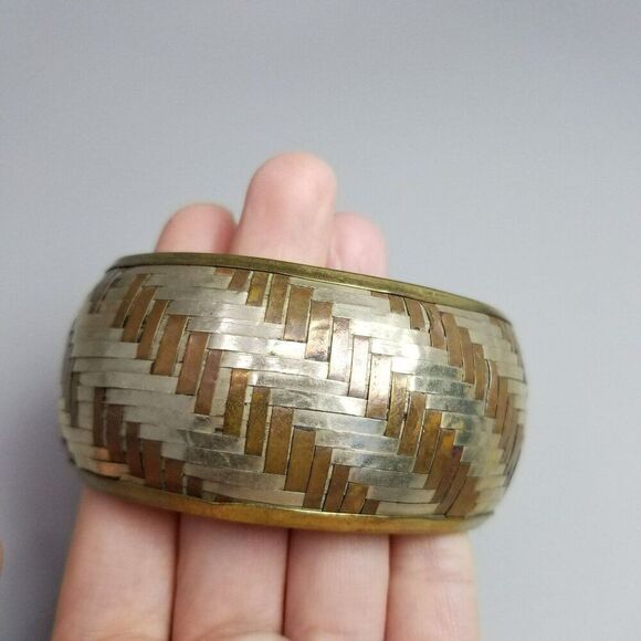 Vintage Braided Woven Mixed Metal Wide Bangle Bracelet, Striped Pattern, Estate - Picture 2 of 6